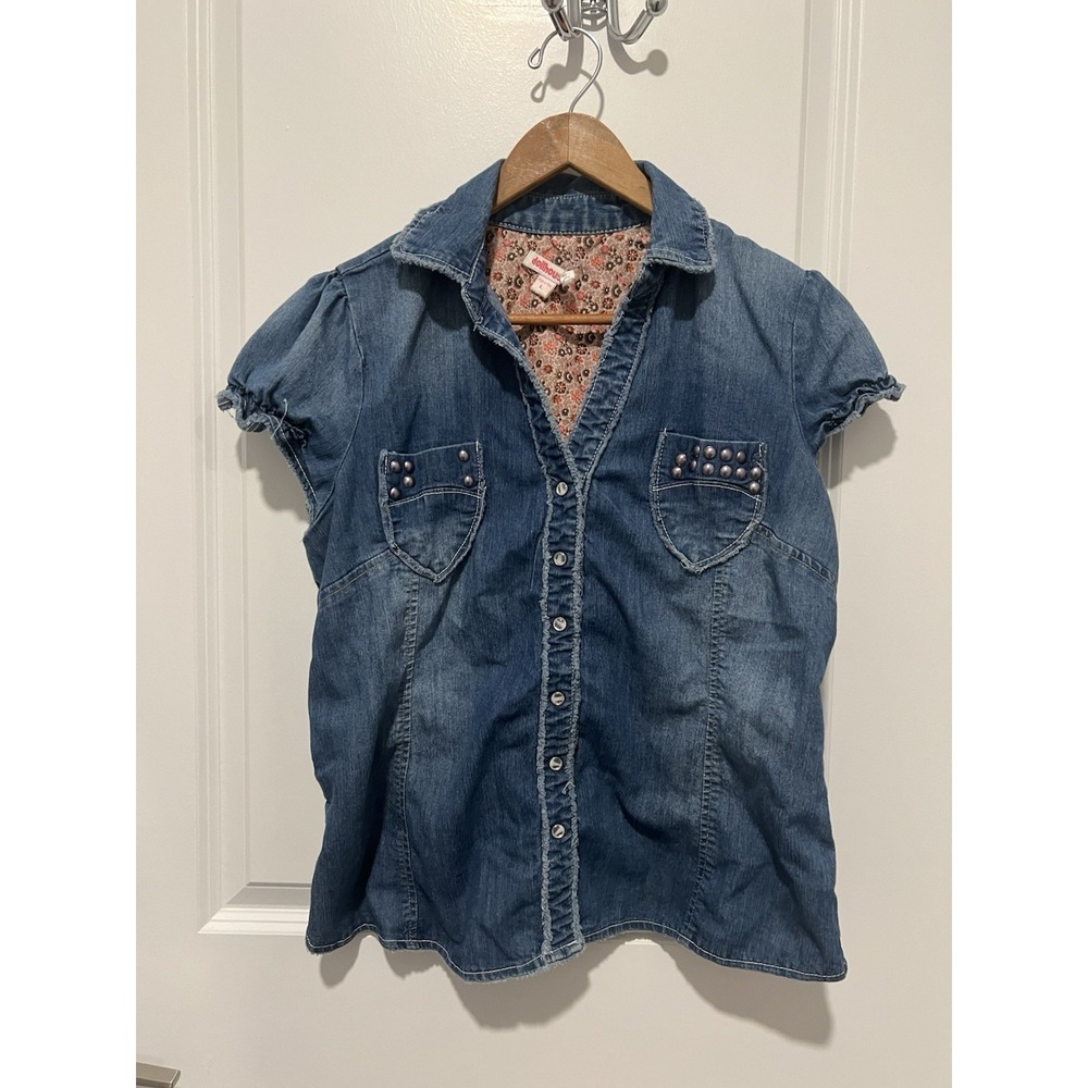 Dollhouse‎ Denim Short Sleeve Button Up Shirt Women's Y2K Size Large